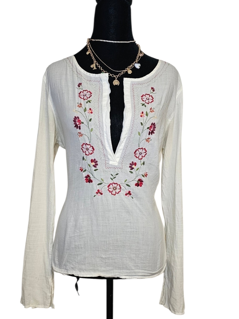 Abercrombie & Fitch Cream Embroidered Tunic with Pink Floral Accents - Picture 2 of 5